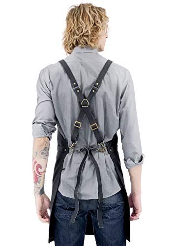 Under NY Sky Delantal de Piel - Mandil de Cuero Negro Genuíno - Correas de Espalda Cruzadas - Forro Interno - Ajustable para Hombres y Mujeres - Para Chef, Barista, Barbero, Carpintero, Tienda, Barman
