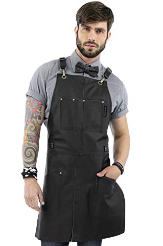 Under NY Sky Delantal de Piel - Mandil de Cuero Negro Genuíno - Correas de Espalda Cruzadas - Forro Interno - Ajustable para Hombres y Mujeres - Para Chef, Barista, Barbero, Carpintero, Tienda, Barman