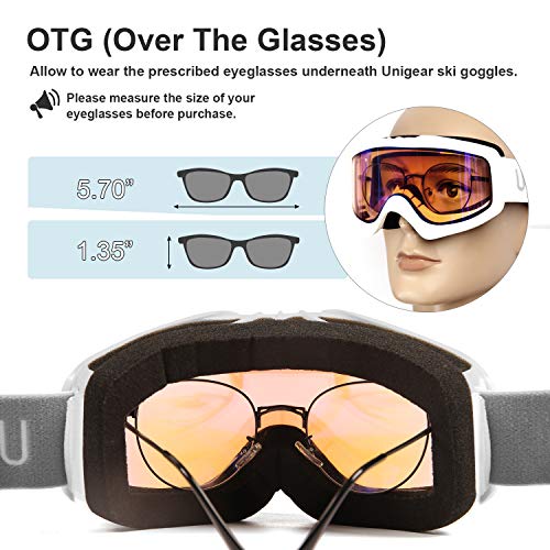 Unigear Gafas de Esquí OTG Esquiar Protección UV 400 Snowboard Revo Lentes Doble Anti-Niebla Anti-Reflejo de Nieve para Adulto Mujer Hombre