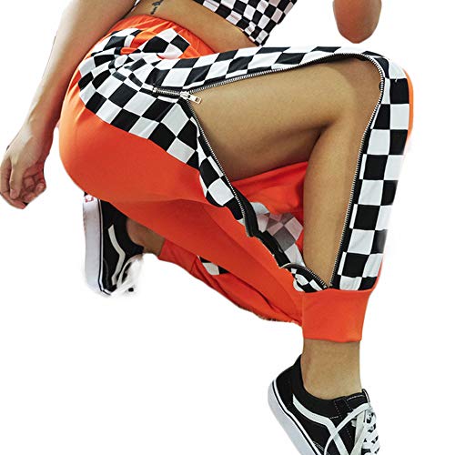 UR MAX BEAUTY Pantalones De Harén A Cuadros con Cremallera Lateral Naranja para Mujer, Pantalón De Calle Hip Hop De Cintura Alta con Bolsillo,L