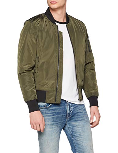 Urban Classics Cazadora de Hombre Chaqueta Bomber de Estilo Urbano, en Verde Oliva con Cuello, Cintura y Puños Negros a Contraste, Cierre con Cremallera, darkolive/black, M