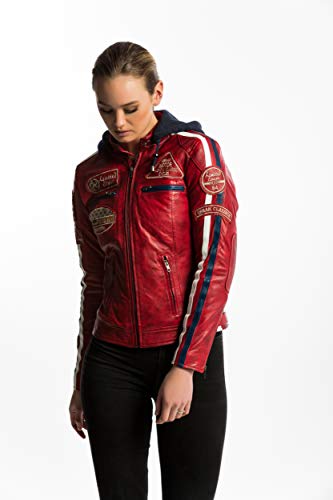 Urban GoCo Chaqueta Moto Mujer de Cuero Leather '58 LADIES', Cazadora Moto de Piel de Cordero, Armadura Removible para Espalda, Hombros y Codos Aprobada por la CE, Rojo Wax, 3XL (UR-406)