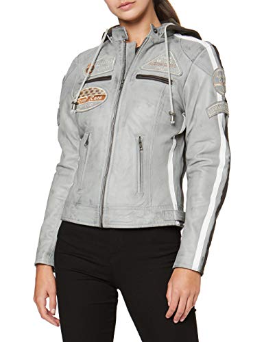 Urban GoCo Chaqueta Moto Mujer de Cuero Leather '58 LADIES', Cazadora Moto de Piel de Cordero, Armadura Removible para Espalda, Hombros y Codos Aprobada por la CE, Gris, L (UR-162)