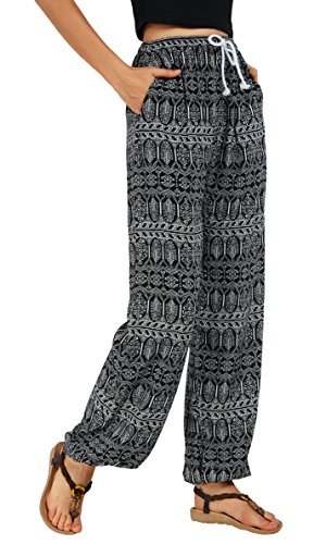 Urban GoCo Mujer Casual Estampado Boho Harem Pantalones Cintura de Cordón Talle Alto Delgado Pantalon de Playa Vacaciones Deportes (S, 1)
