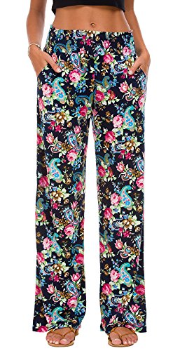 Urban GoCo Mujer Pantalón Palazzo de Pierna Ancha Casual Estampado Floral Baggy Pantalones (Small, 7)