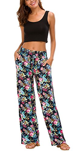 Urban GoCo Mujer Pantalón Palazzo de Pierna Ancha Casual Estampado Floral Baggy Pantalones (Small, 7)