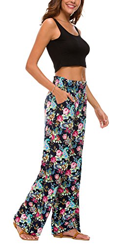 Urban GoCo Mujer Pantalón Palazzo de Pierna Ancha Casual Estampado Floral Baggy Pantalones (Small, 7)