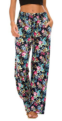 Urban GoCo Mujer Pantalón Palazzo de Pierna Ancha Casual Estampado Floral Baggy Pantalones (Small, 7)
