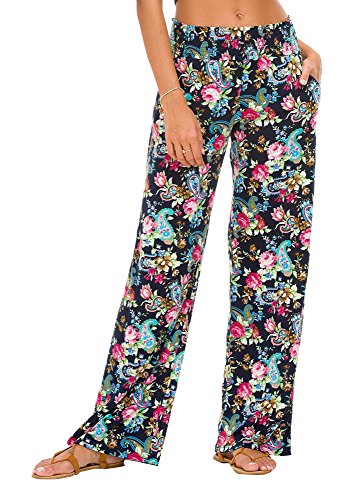 Urban GoCo Mujer Pantalón Palazzo de Pierna Ancha Casual Estampado Floral Baggy Pantalones (Small, 7)