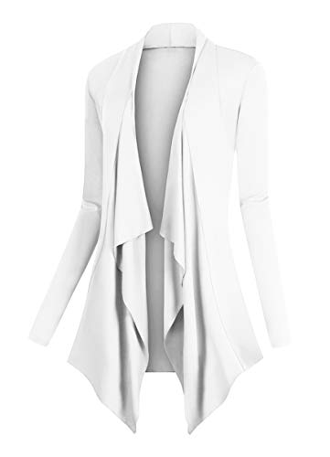 Urban GoCo Mujeres Cárdigan Drapeado de Manga Larga Chaqueta con Frente Abierto Rebecas Dobladillo Irregular (L, Blanco)