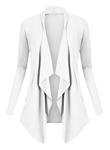 Urban GoCo Mujeres Cárdigan Drapeado de Manga Larga Chaqueta con Frente Abierto Rebecas Dobladillo Irregular (L, Blanco)