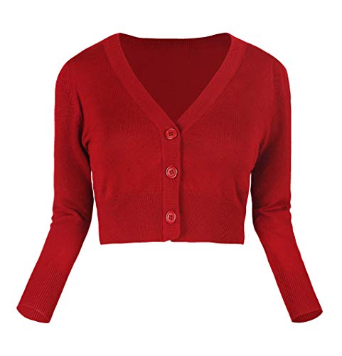 Urban GoCo Mujeres Chaqueta Corta Punto de Manga 3/4 Rebecas Escote en V Bolero Cárdigan (S, Rojo)