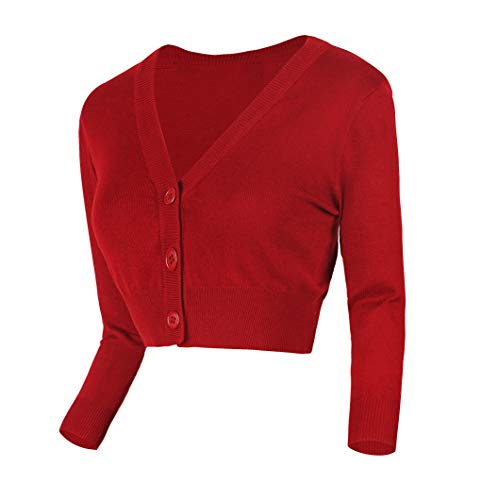 Urban GoCo Mujeres Chaqueta Corta Punto de Manga 3/4 Rebecas Escote en V Bolero Cárdigan (S, Rojo)