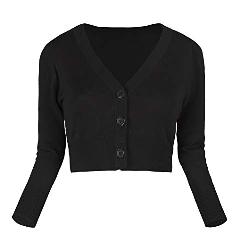 Urban GoCo Mujeres Chaqueta Corta Punto de Manga Larga Rebecas Escote en V Bolero Cárdigan Negro S