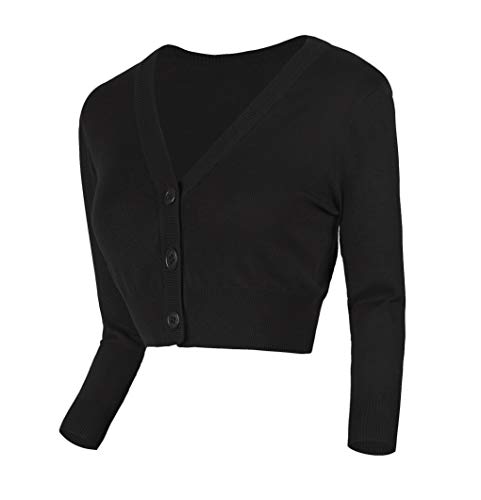 Urban GoCo Mujeres Chaqueta Corta Punto de Manga Larga Rebecas Escote en V Bolero Cárdigan Negro S