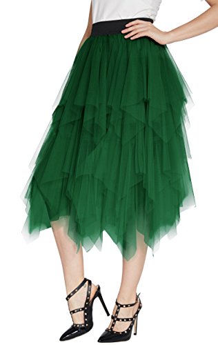 Urban GoCo Mujeres Enagua Falda Corta Midi Tul Damas Cintura Elástica Asimetricas Tutu Falda para Fiesta Danza (S, Verde Oscuro)