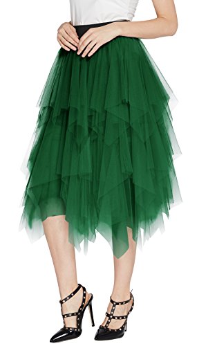Urban GoCo Mujeres Enagua Falda Corta Midi Tul Damas Cintura Elástica Asimetricas Tutu Falda para Fiesta Danza (S, Verde Oscuro)