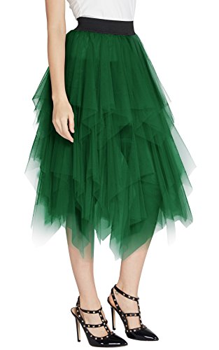 Urban GoCo Mujeres Enagua Falda Corta Midi Tul Damas Cintura Elástica Asimetricas Tutu Falda para Fiesta Danza (S, Verde Oscuro)