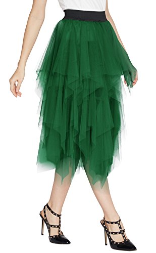 Urban GoCo Mujeres Enagua Falda Corta Midi Tul Damas Cintura Elástica Asimetricas Tutu Falda para Fiesta Danza (S, Verde Oscuro)