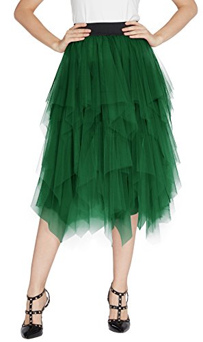 Urban GoCo Mujeres Enagua Falda Corta Midi Tul Damas Cintura Elástica Asimetricas Tutu Falda para Fiesta Danza (S, Verde Oscuro)