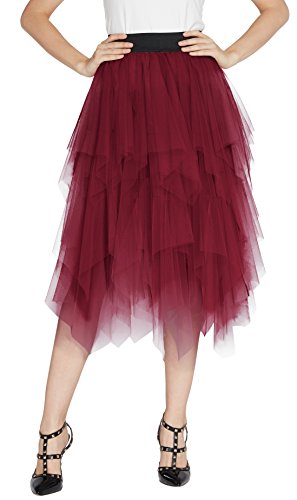 Urban GoCo Mujeres Enagua Falda Corta Midi Tul Damas Cintura Elástica Asimetricas Tutu Falda para Fiesta Danza (XL, Vino Rojo)