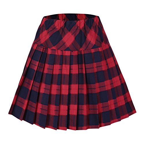 Urban GoCo Mujeres Falda Escocesa Plisada con Cintura Elástica Escuela Uniforme Falda Cuadros (XL, 5 Rojo)