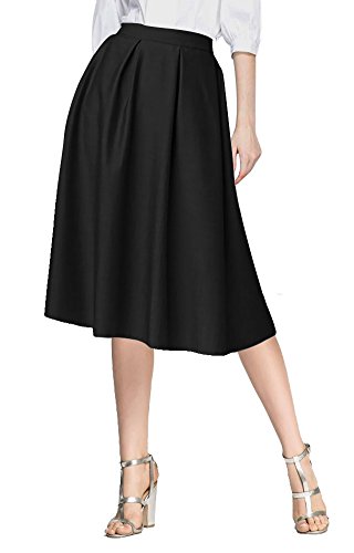 Urban GoCo Mujeres Vintage Falda Midi Plisada A-Line con Bolsillos Faldas Larga Negro L