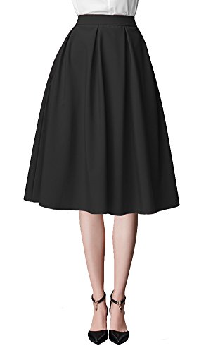 Urban GoCo Mujeres Vintage Falda Midi Plisada A-Line con Bolsillos Faldas Larga Negro L