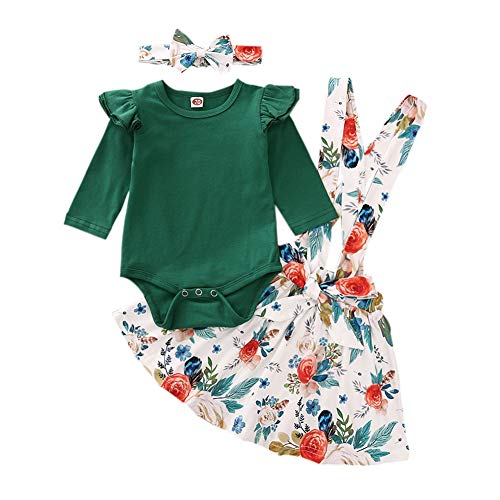 URMAGIC Conjunto de faldas para bebé niña, con mangas con volantes, pelele y correa de flores, de algodón para verano, para recién nacidos, 3 piezas verde 3-6 Meses