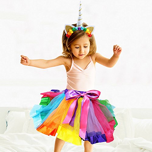 vamei Rainbow Ribbon Tutu Skirt para niñas pequeñas Fotos de Disfraces de Ballet con Unicorn Flower Diadema para Little Pony Dress Up Fun
