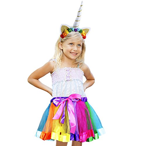 vamei Rainbow Ribbon Tutu Skirt para niñas pequeñas Fotos de Disfraces de Ballet con Unicorn Flower Diadema para Little Pony Dress Up Fun
