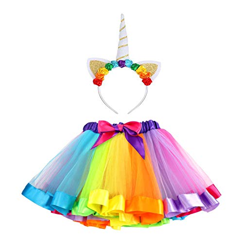 vamei Rainbow Ribbon Tutu Skirt para niñas pequeñas Fotos de Disfraces de Ballet con Unicorn Flower Diadema para Little Pony Dress Up Fun