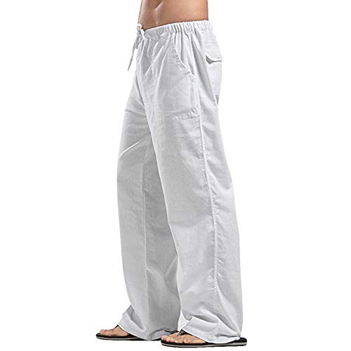 VANVENE Pantalones de lino para hombre, estilo casual, ajuste holgado, cintura elástica, cordón con pierna recta, pantalones de yoga para playa