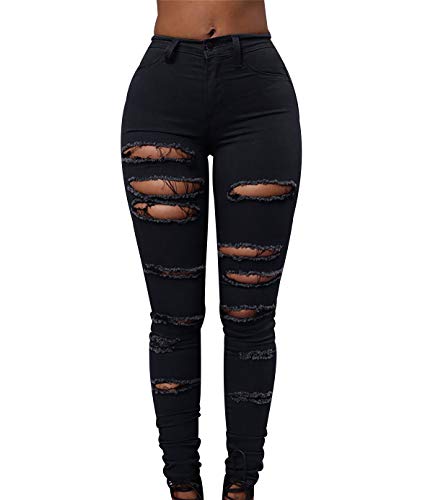 Vaqueros Rotos Mujer Cintura Alta Skinny Jeans Tiro Alto Mujer Larga Tejanos Pantalon Vaquero Pitillo Roto Mujer Ripped Jean Ajustados Mujer Jeans Talle Alto Slim Pitillos Mujer Elasticos Negro 2XL