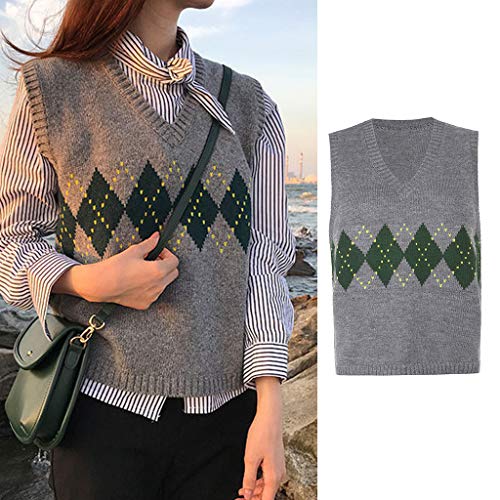VEED Chaleco sin Mangas Suelto de Punto para Mujer, con Cuello en V, diseño de Cuadros Escoceses, suéter, Camiseta sin Mangas