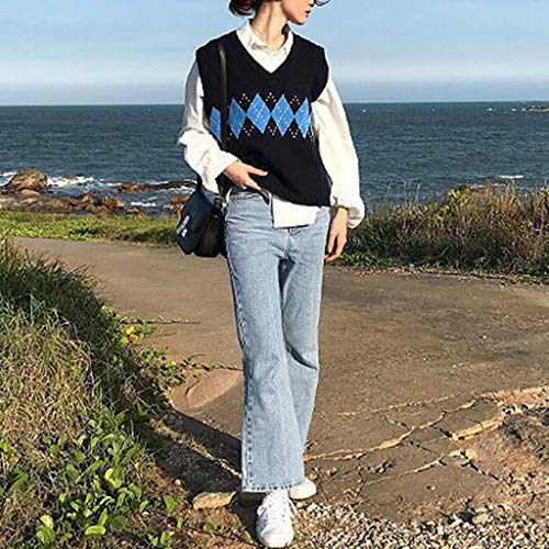 VEED Chaleco sin Mangas Suelto de Punto para Mujer, con Cuello en V, diseño de Cuadros Escoceses, suéter, Camiseta sin Mangas