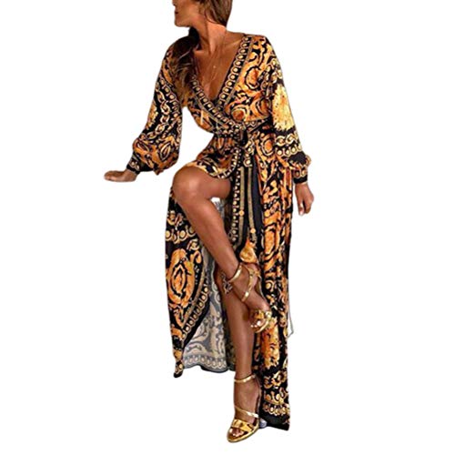 Vestidos Moda Mujer Elegante Vestido De Mujer Vestido Mode De Marca con Escote En V Escote Dividido Estampado Digital Falda Larga Verano Vestidos Maxi (Color : BlackYellow, Size : L)