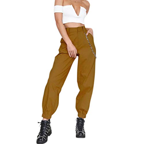 VIccoo Pantalones, Pantalones de Carga de harén de Cintura Alta para Mujer Pantalones Anchos sólidos Cadenas de Hip Hop Bolsillo - Negro - M