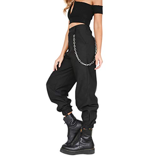 VIccoo Pantalones, Pantalones de Carga de harén de Cintura Alta para Mujer Pantalones Anchos sólidos Cadenas de Hip Hop Bolsillo - Negro - M
