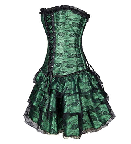 Victorian Sexy Victorian Gothic Overbust Corset Sexy Corsets and Bustiers con Falda Top Lace Up Corsss Vestido,Verde,XL