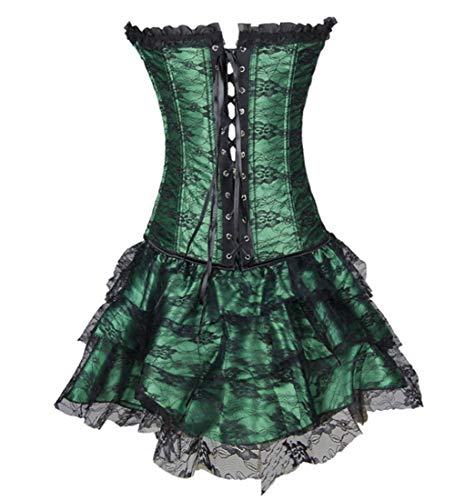 Victorian Sexy Victorian Gothic Overbust Corset Sexy Corsets and Bustiers con Falda Top Lace Up Corsss Vestido,Verde,XL