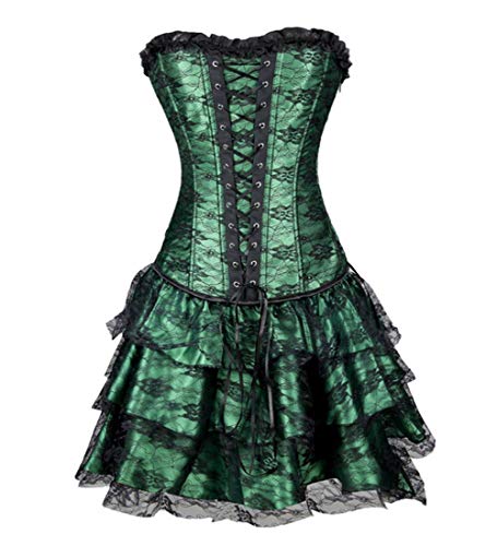 Victorian Sexy Victorian Gothic Overbust Corset Sexy Corsets and Bustiers con Falda Top Lace Up Corsss Vestido,Verde,XL