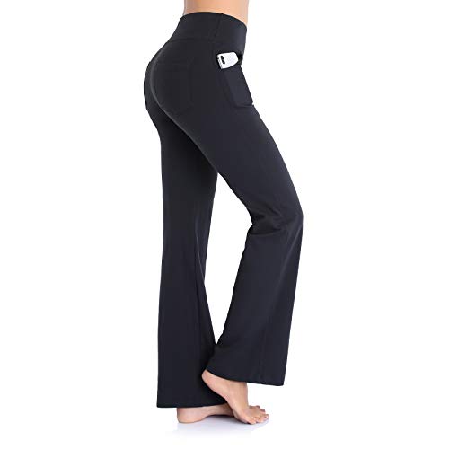 Vimbloom Pantalones de Yoga Bootcut para Mujer Largo Pata Anchos Pantalón de Piltes Cintura Alta Deportivos Leggins con Bolsillos para Yoga Fitness VI490 (Negro, S)