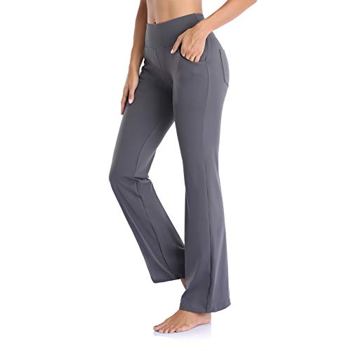 Vimbloom Pantalones de Yoga Bootcut para Mujer Largo Pata Anchos Pantalón de Piltes Cintura Alta Deportivos Leggins con Bolsillos para Yoga Fitness VI490 (Gris, L)