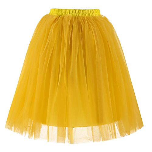 VJGOAL Moda Casual de Las Mujeres Color sólido Gasa Plisada hasta la Rodilla Falda de Tul Elástico de la Cintura Tutu Princesa Falda (Amarillo, Un tamaño)