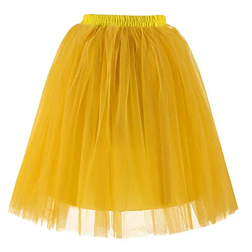 VJGOAL Moda Casual de Las Mujeres Color sólido Gasa Plisada hasta la Rodilla Falda de Tul Elástico de la Cintura Tutu Princesa Falda (Amarillo, Un tamaño)