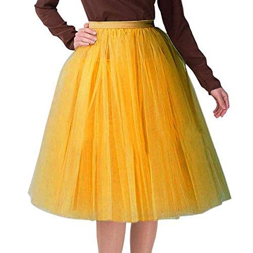 VJGOAL Moda Casual de Las Mujeres Color sólido Gasa Plisada hasta la Rodilla Falda de Tul Elástico de la Cintura Tutu Princesa Falda (Amarillo, Un tamaño)