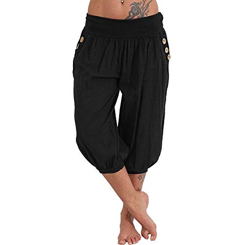 VJGOAL Moda Mujer Cintura Elástica Boho Compruebe Pantalones de Yoga de Color sólido Pantalones Anchos de Verano de Pierna Ancha Holgada(x-Large,Negro)