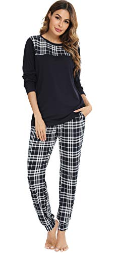 Vlazom Conjunto de Pijamas para Mujer, Parte Superior de Manga Larga, Pijama Suave y Parte Superior a Cuadros S-XXL
