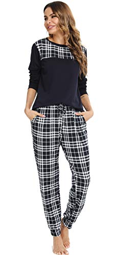Vlazom Conjunto de Pijamas para Mujer, Parte Superior de Manga Larga, Pijama Suave y Parte Superior a Cuadros S-XXL